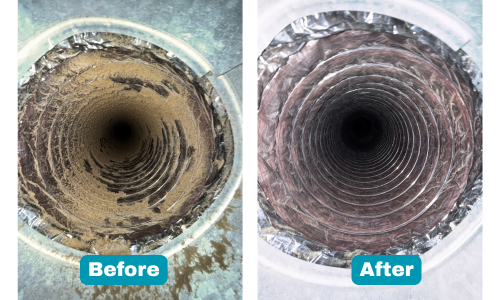 Air duct before cleaning showing dust and debris