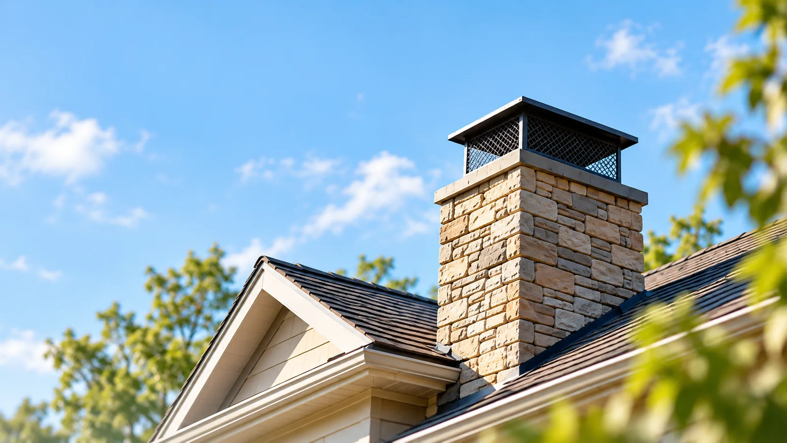 Stone chimney with a new chimney cap on a residential roof under a clear blue sky