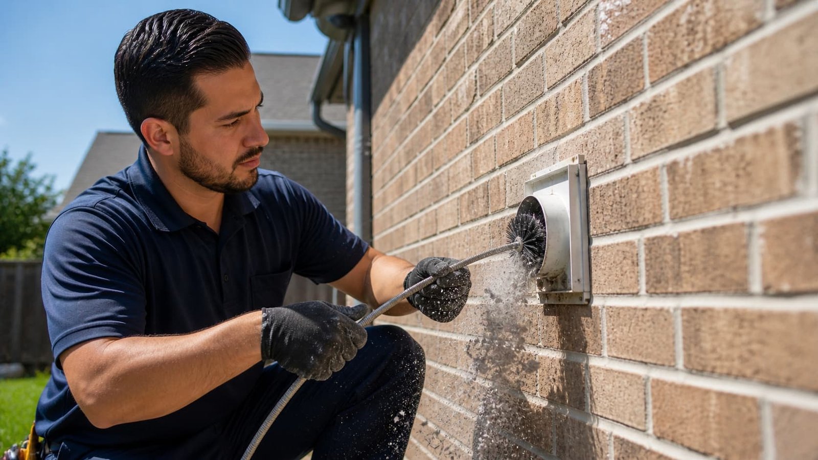 ClearAir technician cleaning a long dryer vent run in a Katy 77494 home