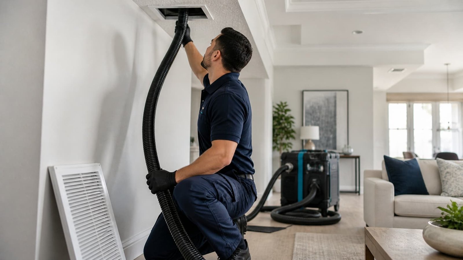 ClearAir technician cleaning air ducts in a Katy 77494 home