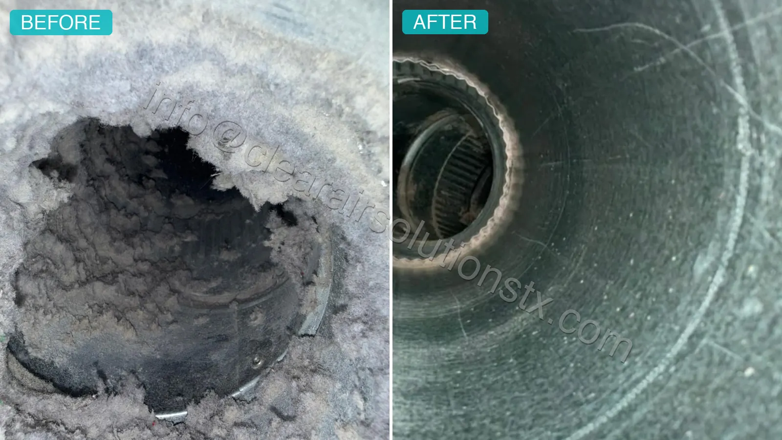 Before and after Dryer Vent Cleaning in Katy, TX by ClearAir Solutions, October 2026