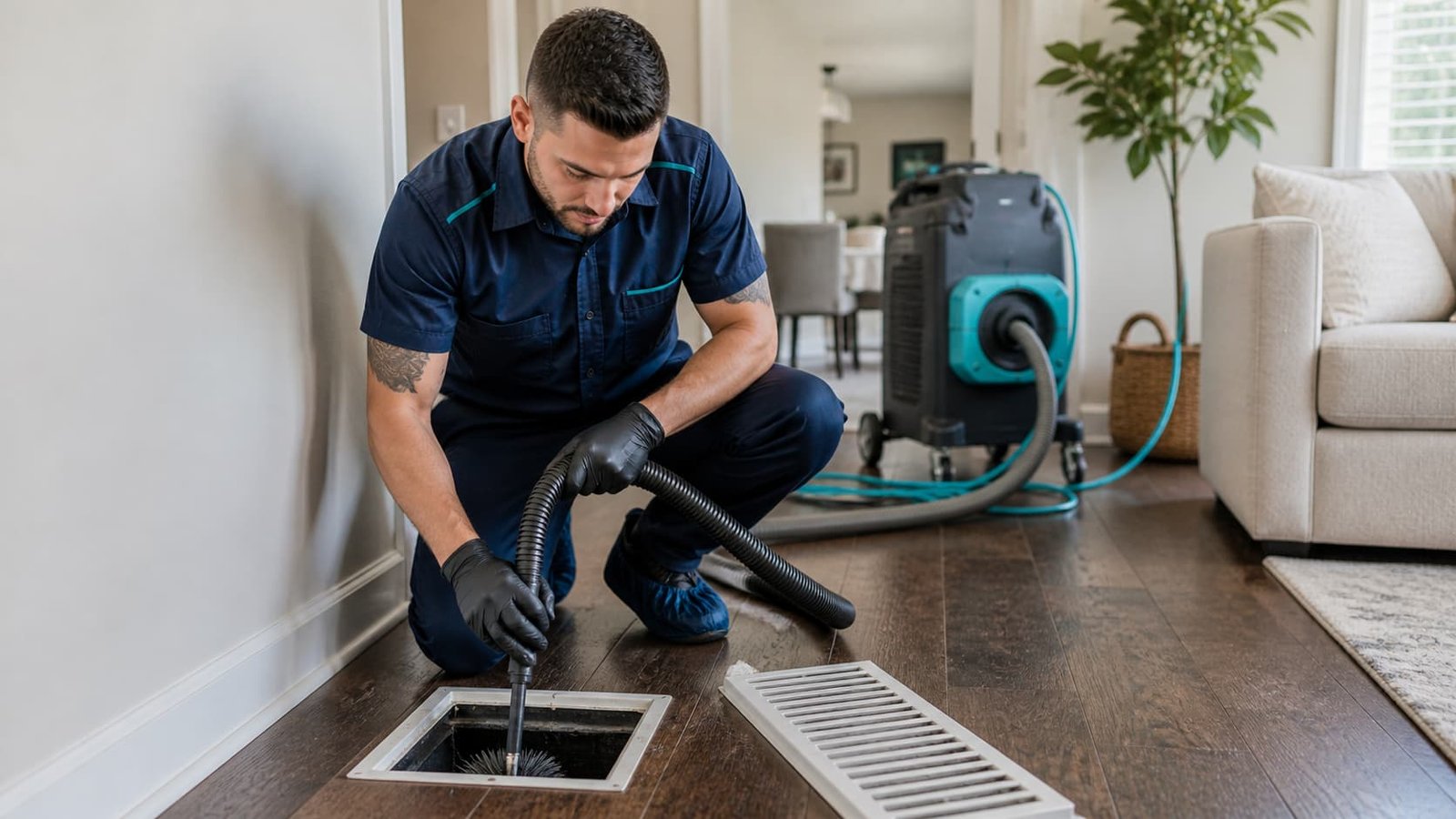 ClearAir technician cleaning air ducts in a Spring, TX home using HEPA equipment